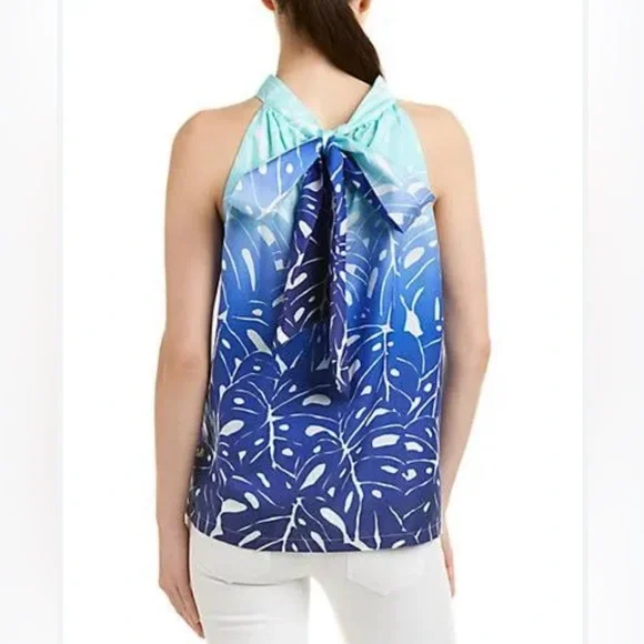 Vineyard Vines Aqua Blue white printed cotton-silk tie halter top size 2 - Picture 2 of 10